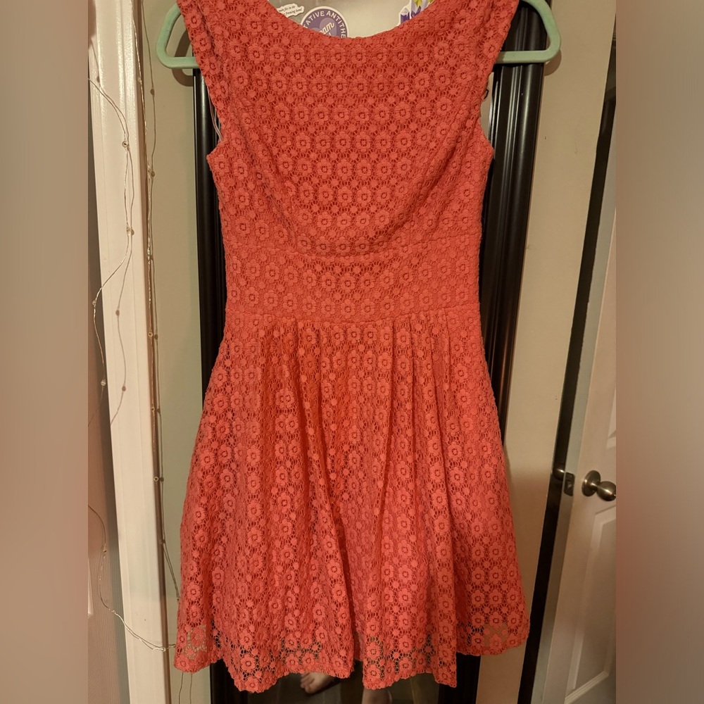 B Darlin Coral color Crochet Mini Dress with tulle liner size 3/4